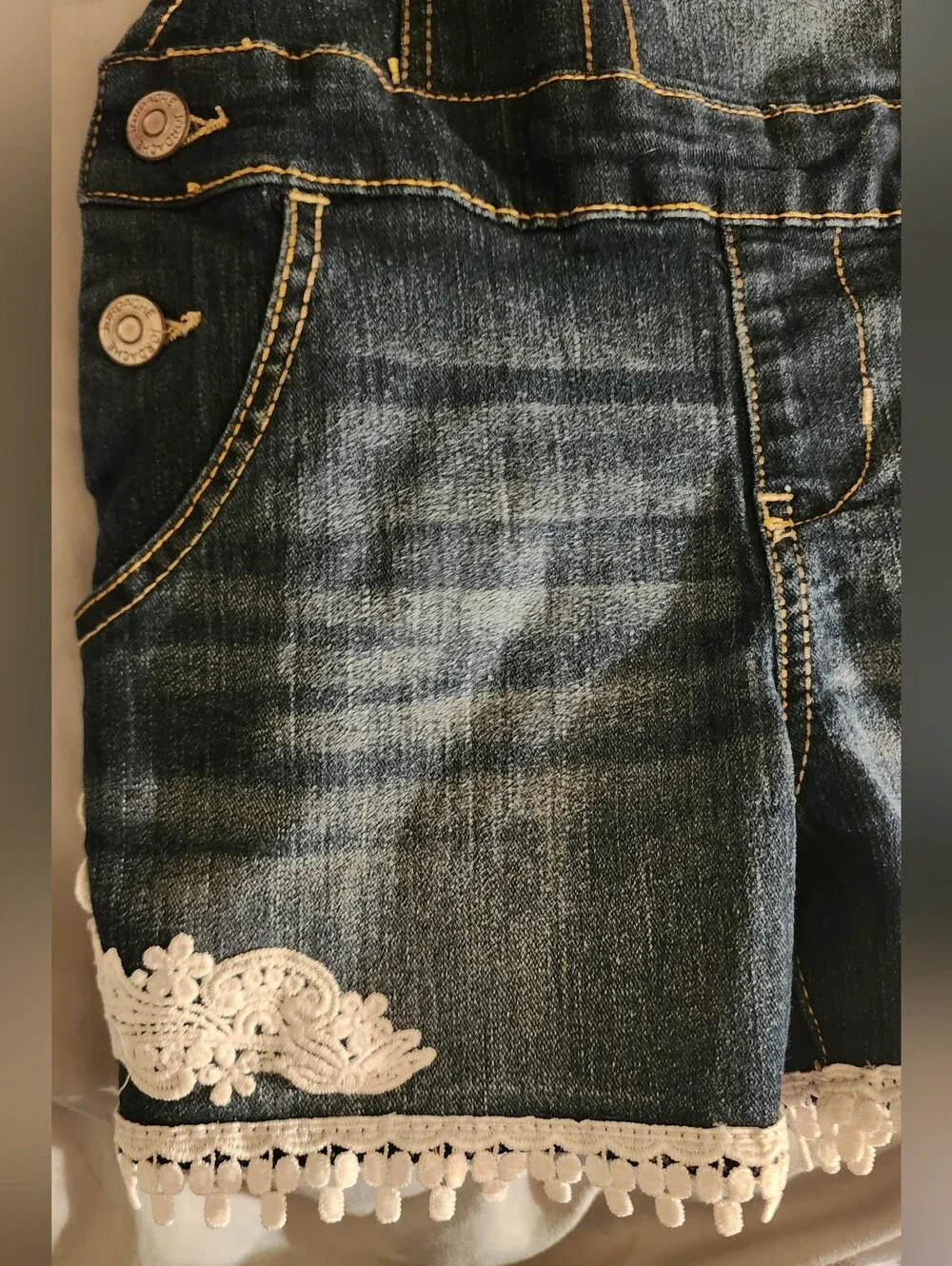 Jordache Girls Denim Shortalls Lace Applique Pom Pom Trim Overalls Size M 7-8